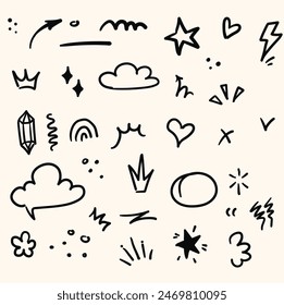 Hand drawn set elements, black on white background. Arrow, heart, love, star, leaf, sun, light, flower, daisy, crown, king, queen,Swishes, swoops, emphasis ,swirl, heart, for concept design.