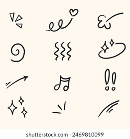 Hand drawn set elements, black on white background. Arrow, heart, love, star, leaf, sun, light, flower, daisy, crown, king, queen,Swishes, swoops, emphasis ,swirl, heart, for concept design.