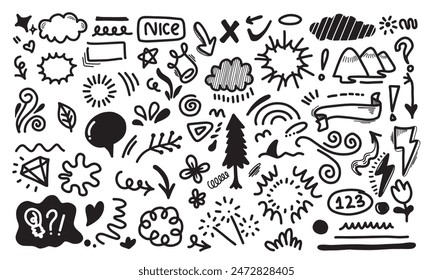 Hand drawn set elements, black on white background. Arrow, heart, love, star, leaf, sun, light, flower, crown, Swishes, swoops, emphasis, swirl for concept design.