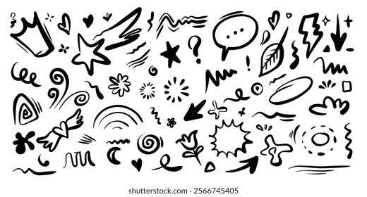 Hand drawn set elements, black on white background. Arrow, heart, love, star, leaf, sun, light, flower, crown, king, queen,Swishes, swoops, emphasis ,swirl, heart, for concept design.