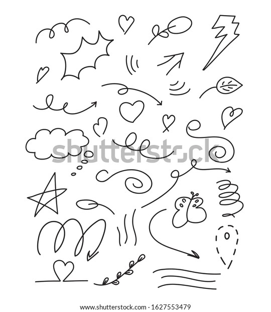Hand\
drawn set elements, black on white background. Arrow, heart, love,\
star, leaf, sun, light, flower, crown, king, queen, swishes,\
swoops, emphasis ,swirl, heart, for concept\
design.