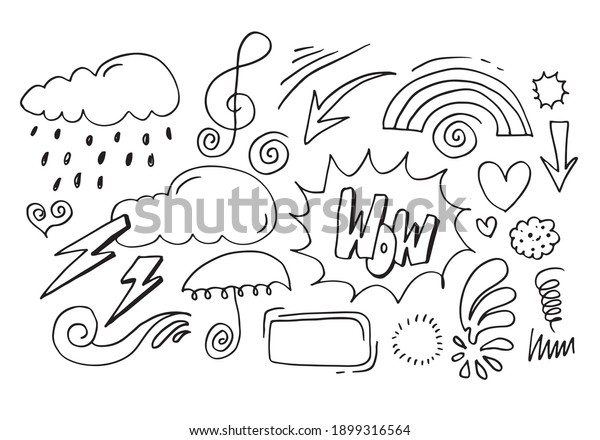 hand drawn set elements, black on white\
background. hearts, lights, emphasis, swirls, umbrellas, arrows and\
wow text for concept\
designs.