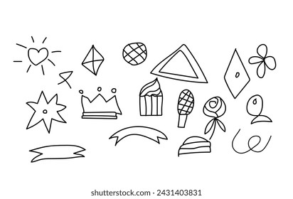 Hand drawn set elements for concept design. vector illustration. black on white background. Arrow, hearts, slove, star, leaf, sun, light, flower, crown,  emphasis ,swirl, heart, for concept design.eps