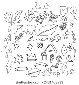 Hand drawn set elements for concept design. vector illustration. black on white background. Arrow, hearts, slove, star, leaf, sun, light, flower, crown,  emphasis ,swirl, heart, for concept design.eps