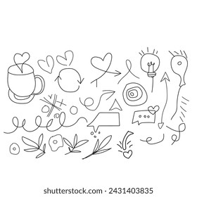 Hand drawn set elements for concept design. vector illustration. black on white background. Arrow, hearts, slove, star, leaf, sun, light, flower, crown,  emphasis ,swirl, heart, for concept design.eps