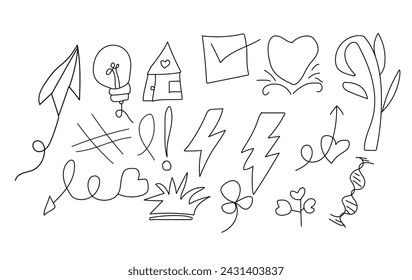 Hand drawn set elements for concept design. vector illustration. black on white background. Arrow, hearts, slove, star, leaf, sun, light, flower, crown,  emphasis ,swirl, heart, for concept design.eps