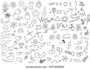 Hand drawn set elements for concept design. vector illustration. black on white background. Arrow, hearts, slove, star, leaf, sun, light, flower, crown,  emphasis ,swirl, heart, for concept design.eps