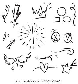 Hand drawn set elements doodle with black line on white background