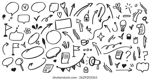 Hand drawn set elements, doodle lines, abstract arrows, hearts and other elements in a hand drawn style for concept designs. Scribble illustration. Vector illustration