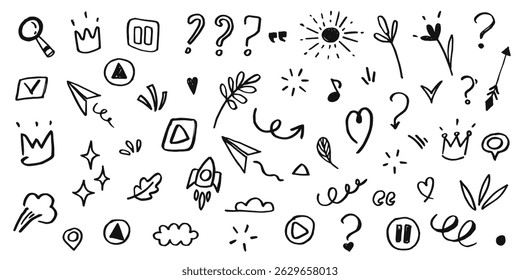 Hand drawn set elements, doodle lines, abstract arrows, hearts and other elements in a hand drawn style for concept designs. Scribble illustration. Vector illustration