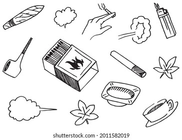 Elementos de juego dibujados a mano, tubos, fósforos, ceniceros, cigarrillos, tabaco, cigarrillos y otros elementos en estilo dibujado a mano para el diseño conceptual. Ilustración de escrúpulos. Ilustración vectorial.

