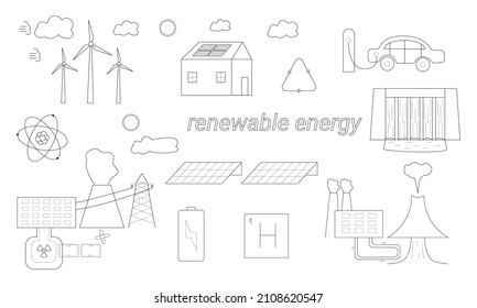 Hand drawn set of elements showing how to use renewable energy in nature.