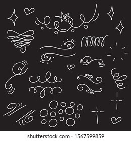 Hand drawn set elements. Swirl, squiggles, leaf, sun, arrow, swoops, emphasis, heart for concept design. 