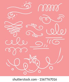 Hand drawn set elements. Swirl, squiggles, leaf, sun, arrow, swoops, emphasis, heart for concept design. 