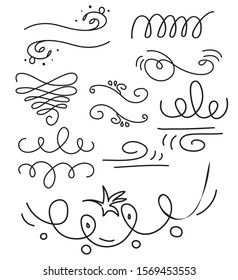 Hand Drawn Set Elements. Swirl, Squiggles, Leaf, Arrow, Swoops, Emphasis, Heart For Concept Design. 