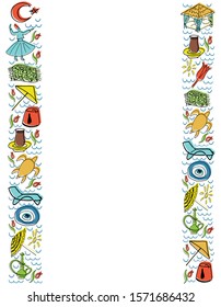 Hand drawn set with elements of Turkish symbols. Template for poster, banner, booklet. Vertical line with elements isolated on white background. Vector illustration for travel agency, print shop