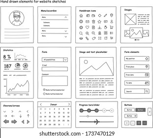 A hand drawn set of elements to use for sketches for web and apps