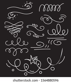 Hand drawn set elements, white on black background. Swirl, squiggles, leaf, sun, arrow, swoops, emphasis ,heart for concept design. 