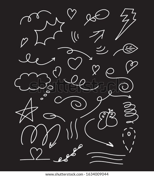 Hand
drawn set elements, white on black background. Arrow, heart, love,
star, leaf, sun, light, flower, crown, king, queen, swishes,
swoops, emphasis ,swirl, heart, for concept
design.