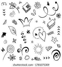 Hand drawn set elements.Abstract arrows, ribbons and other elements in hand drawn style for concept design. Doodle vector illustration