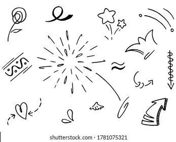 Hand drawn set elements.Abstract arrows, ribbons and other elements in hand drawn style for concept design. Doodle vector illustration