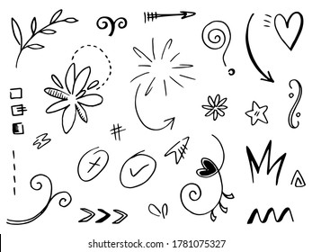 Hand drawn set elements.Abstract arrows, ribbons and other elements in hand drawn style for concept design. Doodle vector illustration