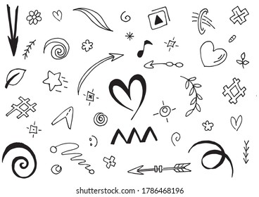 Hand drawn set elements.Abstract arrows, ribbons and other elements in hand drawn style for concept design. Doodle vector illustration