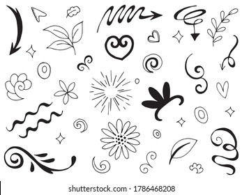 Hand drawn set elements.Abstract arrows, ribbons and other elements in hand drawn style for concept design. Doodle vector illustration