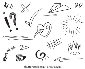 Hand drawn set elements.Abstract arrows, ribbons and other elements in hand drawn style for concept design. Doodle vector illustration