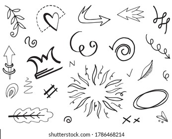 Hand drawn set elements.Abstract arrows, ribbons and other elements in hand drawn style for concept design. Doodle vector illustration