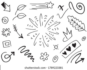 Hand drawn set elements.Abstract arrows, ribbons and other elements in hand drawn style for concept design. Doodle vector illustration