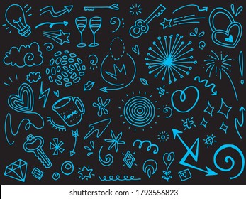 Hand drawn set elements.Abstract arrows, ribbons and other elements in hand drawn style for concept design. Doodle vector illustration