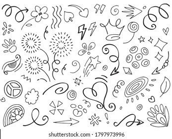 Hand drawn set elements.Abstract arrows, ribbons and other elements in hand drawn style for concept design. Doodle vector illustration