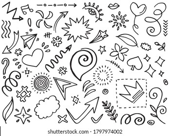 Hand drawn set elements.Abstract arrows, ribbons and other elements in hand drawn style for concept design. Doodle vector illustration