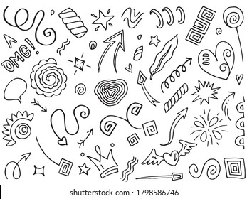 Hand drawn set elements.Abstract arrows, ribbons and other elements in hand drawn style for concept design. Doodle vector illustration