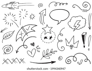 Hand drawn set elements.Abstract arrows, ribbons and other elements in hand drawn style for concept design. Doodle vector illustration