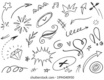 Hand drawn set elements.Abstract arrows, ribbons and other elements in hand drawn style for concept design. Doodle vector illustration