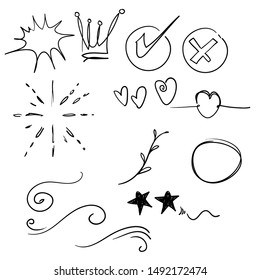 Hand drawn set elements,Arrow, heart, love, star, leaf, sun, light, flower, daisy, crown, king, queen,Swishes, swoops, emphasis ,swirl, heart, for concept design cartoon style