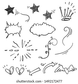 Hand drawn set elements,Arrow, heart, love, star, leaf, sun, light, flower, daisy, crown, king, queen,Swishes, swoops, emphasis ,swirl, heart, for concept design cartoon style