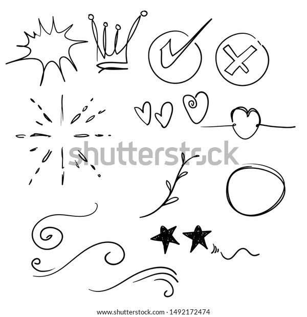 Hand drawn set\
elements,Arrow, heart, love, star, leaf, sun, light, flower, daisy,\
crown, king, queen,Swishes, swoops, emphasis ,swirl, heart, for\
concept design cartoon\
style