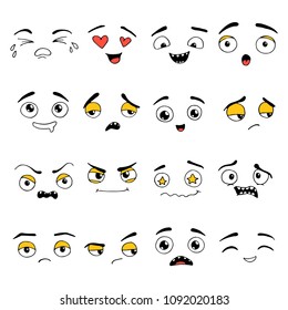 Hand drawn set of Emoji. Different face emotion: smile, sad, cry, happy, surprise, angry. Emoticon elements for your icon, web, kids design drawn by pen. Vector illustration doodle sketch style. 