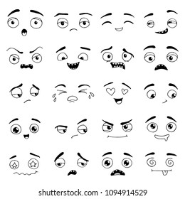 Hand drawn set of Emoji. Different face emotion: smile, sad, cry, happy, surprise, angry. Emoticon elements for your icon, web, kids design drawn by pen. Vector illustration doodle sketch style. 