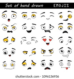 Hand drawn set of Emoji. Different face emotion: smile, sad, cry, happy, surprise, angry. Emoticon elements for your icon, web, kids design drawn by pen. Vector illustration doodle sketch style. 