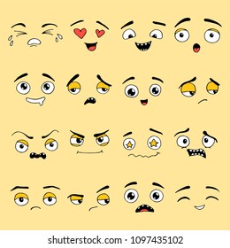 Hand drawn set of Emoji. Different face emotion: smile, sad, cry, happy, surprise, angry. Emoticon elements for your icon, web, kids design drawn by pen. Vector illustration doodle sketch style. 