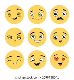 Hand drawn set of Emoji. Different face emotion: smile, sad, cry, happy, surprise, angry. Emoticon elements for your icon, web, kids design drawn by pen. Vector illustration doodle sketch style. 