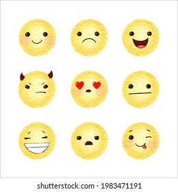 Hand drawn set of emoticon faces in watercolor design.
Vector collection of emotion symbols.