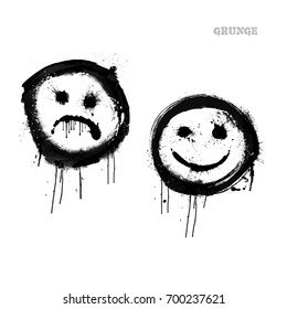 Hand drawn set of emoticons, emoji smiley icons. Grunge brush strokes design