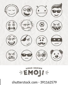 Hand drawn set of Emoticons. Vector set of Emoji. Smile icons. Vector illustration.
