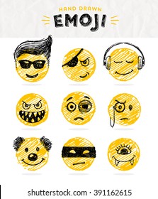 Hand drawn set of Emoticons. Vector set of Emoji. Smile icons. Vector illustration.