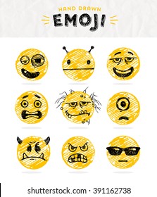 Hand drawn set of Emoticons. Vector set of Emoji. Smile icons. Vector illustration.